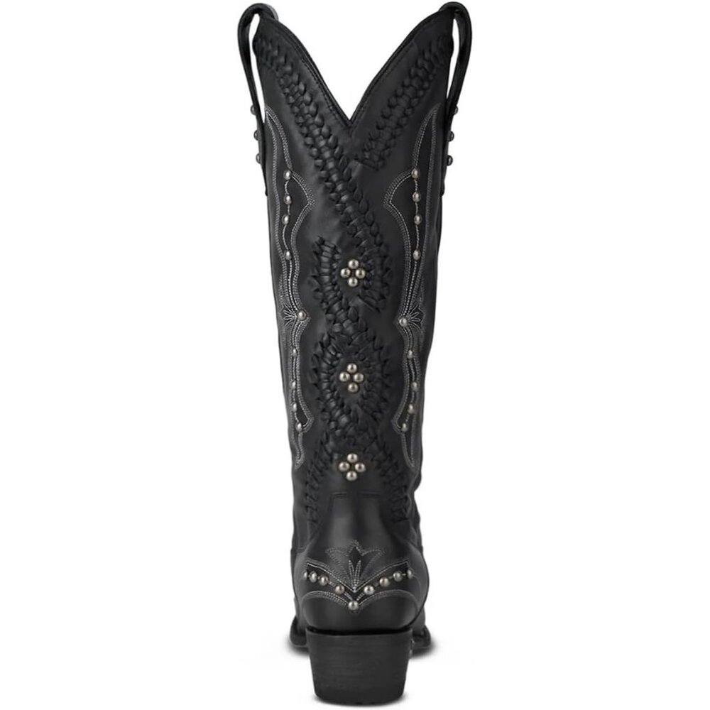 Women's Black Leather Embroidery Knee High Western Cowgirl Boots Lightweight - Picture 4 of 6